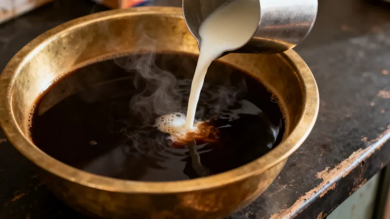 Milk being poured into a hammered brass bowl of dark decoction
