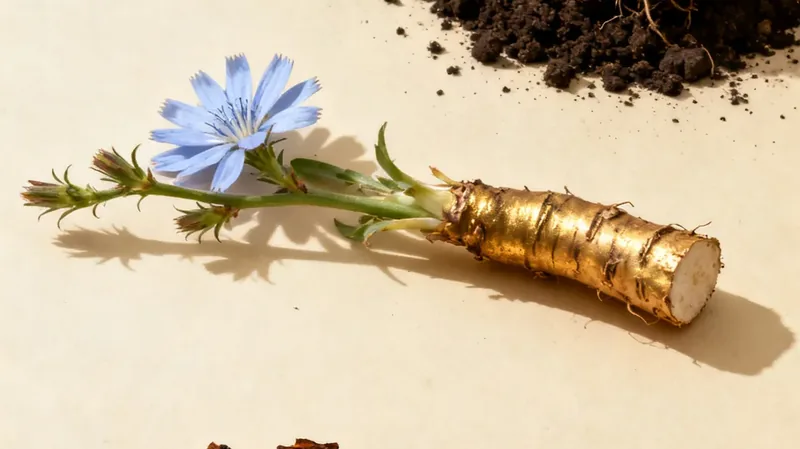 Chicory flowers and taproots beside heaps of roasted chicory chips and ground chicory