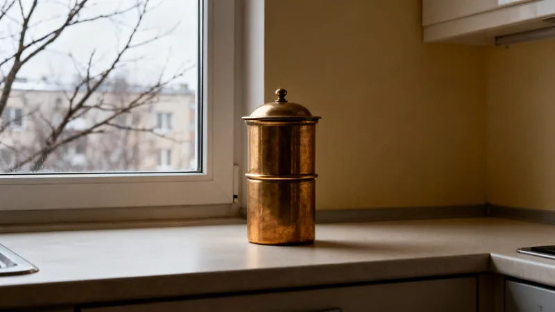 A brass South Indian coffee filter on a bare kitchen worktop beside a window, cold winter light outside
