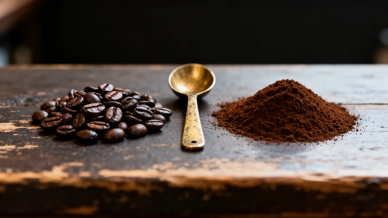 A heap of whole roasted coffee beans beside a heap of the same coffee ground to powder, a brass spoon between them