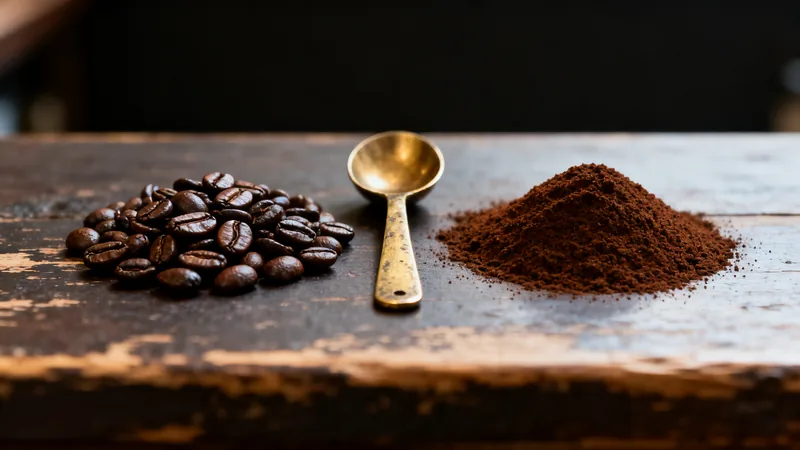 A heap of whole roasted coffee beans beside a heap of the same coffee ground to powder, a brass spoon between them