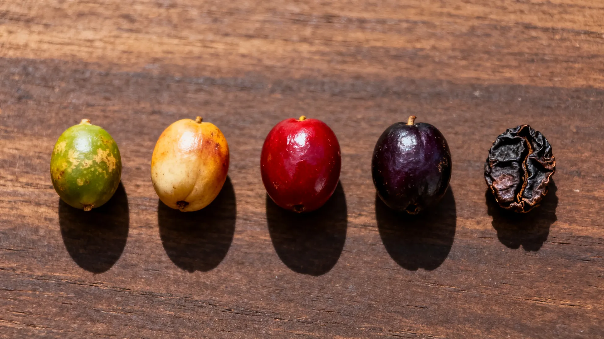 Five coffee cherries in a row showing ripening: green, yellow, red, deep purple, then dried