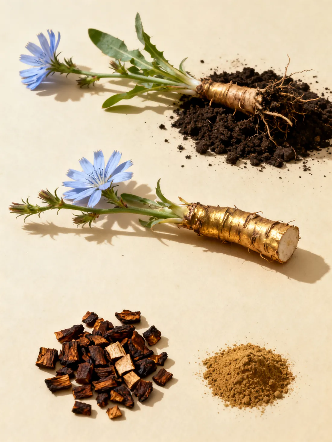 Chicory: blue flowers and taproots beside heaps of roasted chicory chips and ground chicory