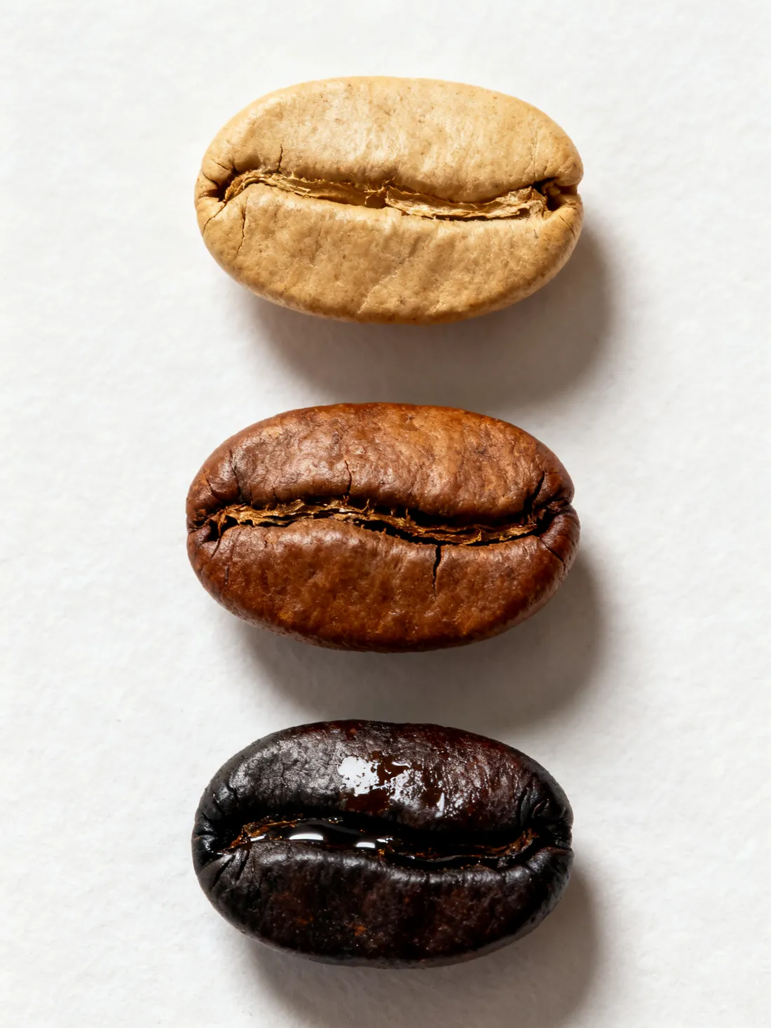 Three roasted coffee beans in a column, pale and matt at the top, very dark and oily at the bottom