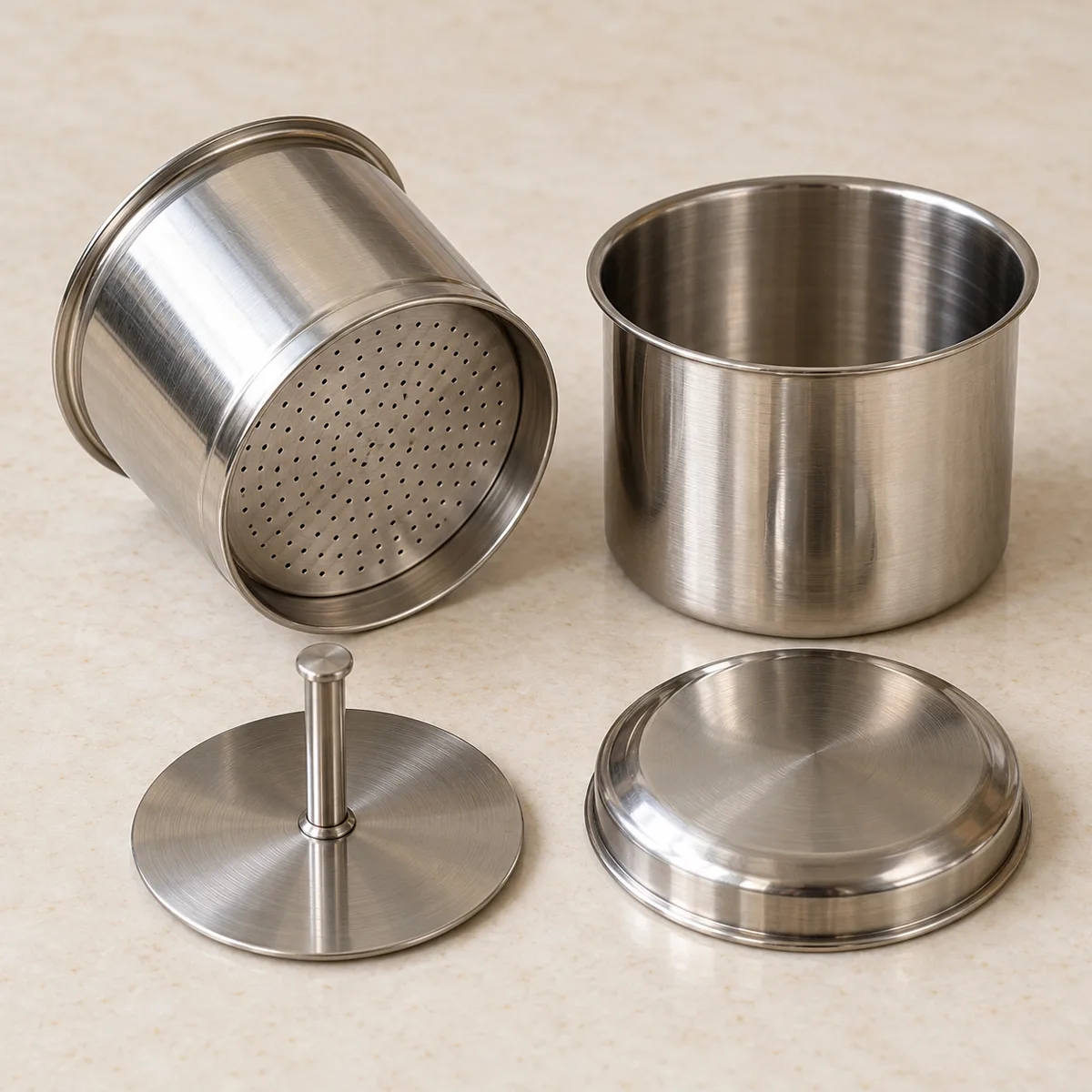 A steel South Indian coffee filter taken apart: the upper chamber with its perforated base, the pressing disc, the lid and the lower chamber