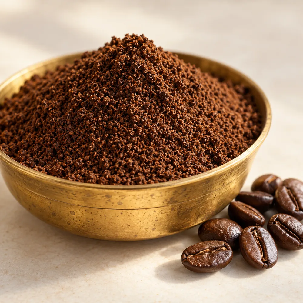 Freshly ground coffee heaped in a brass bowl beside a few roasted beans